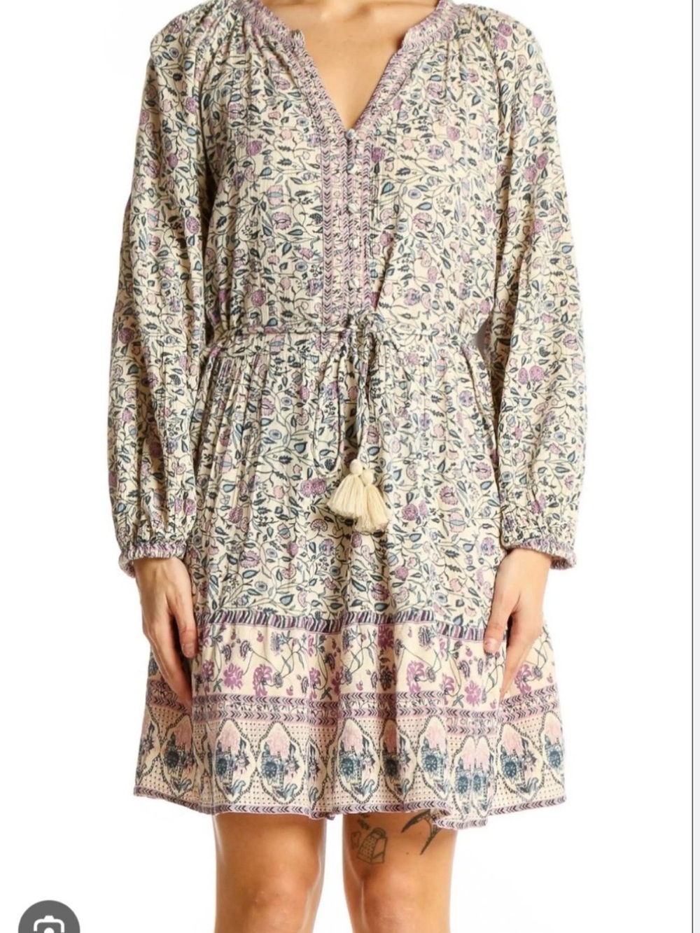 Japna Cream Floral Mini Dress with Pink & Blue Accents